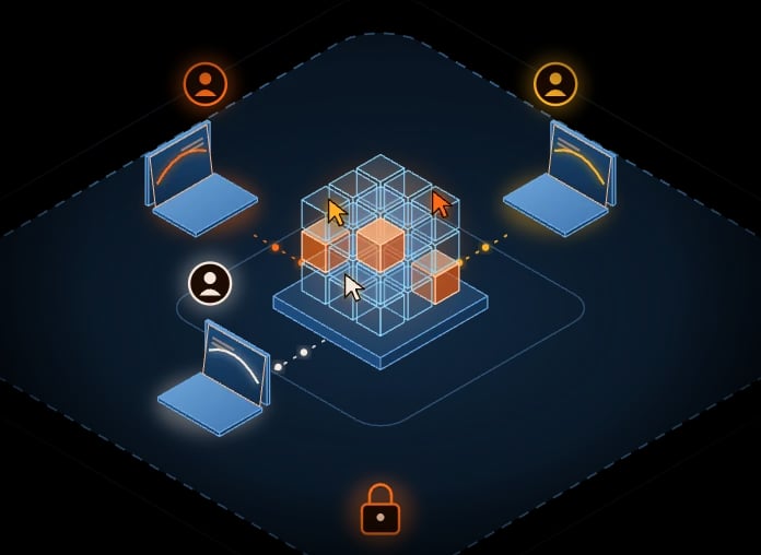 Isometric illustration: three engineers at laptops work on one well model inside the company perimeter, with their cursors visible on the model