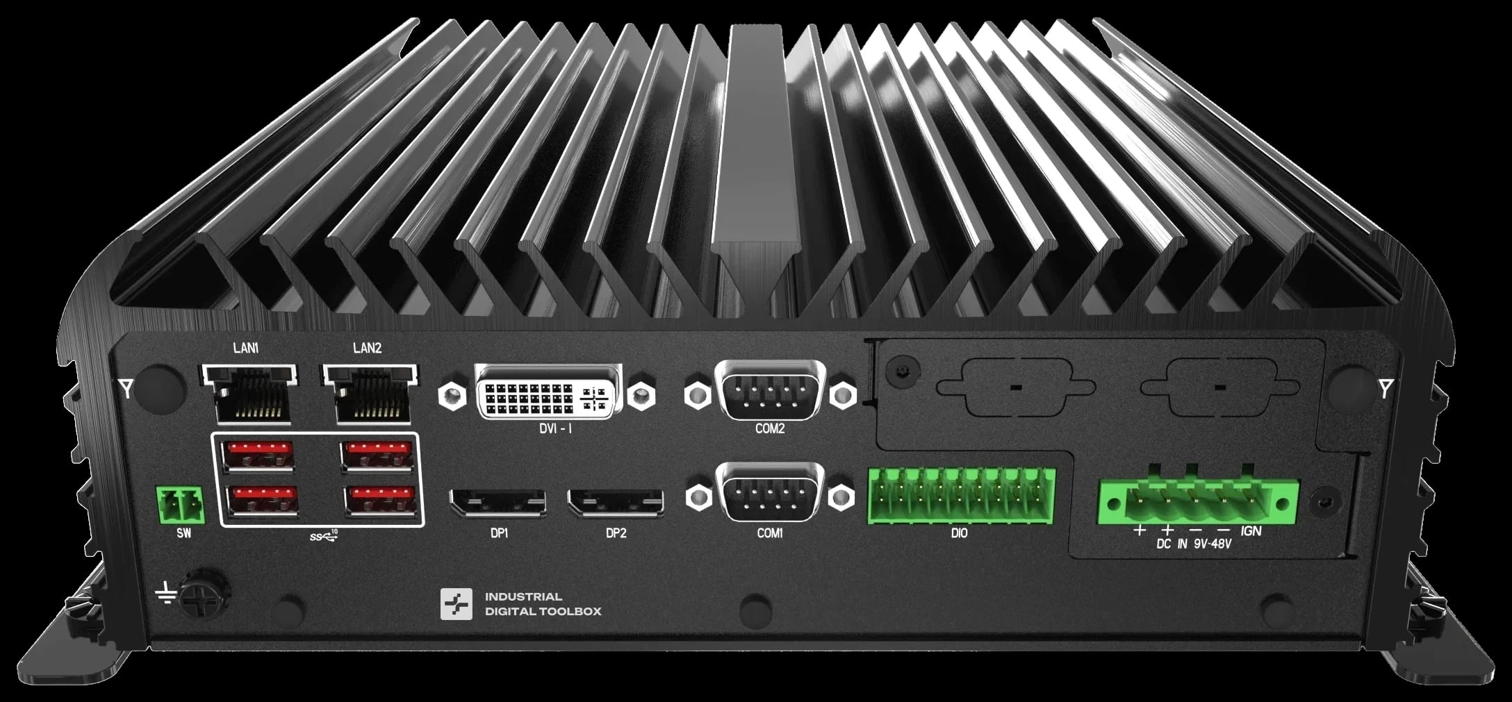 The IDT Edge industrial computer: LAN, COM and DIO ports and a 9–48 V power input