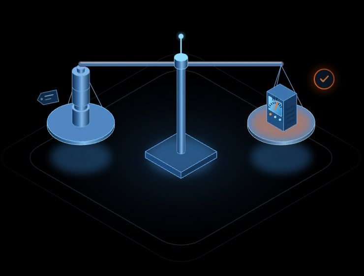 Isometric illustration: a level balance with a new pump on one pan and a control station with a frequency drive on the other; the choice is marked with a tick
