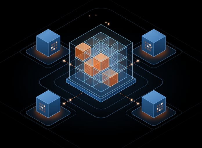 Isometric illustration: a central block of IDT Well calculation modules linked to external systems