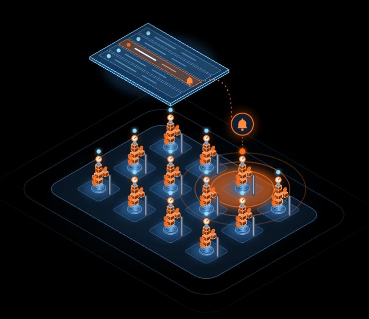 Isometric illustration: one well in the stock is lit up by an alarm, and the same well is highlighted in the overall list
