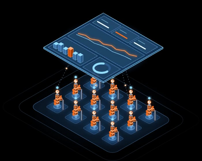 Isometric illustration: a dashboard with KPIs, a trend chart and diagrams for the whole asset floats above the well stock
